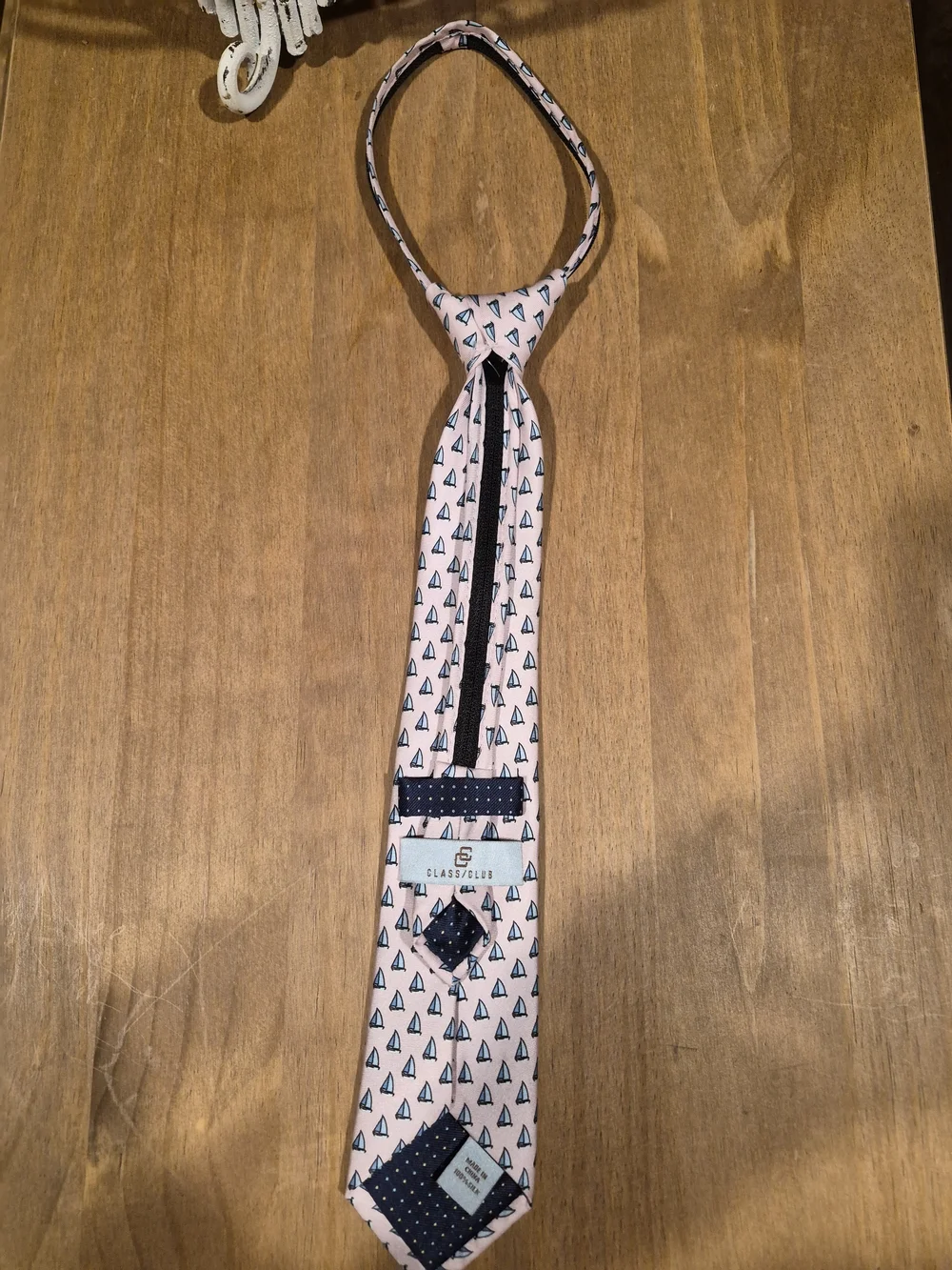 Children's Clip-On Tie in Light Pink with Blue Sailboat Pattern